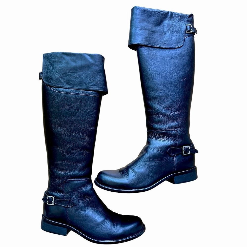 Steve Madden Above the knee Black Leather Silver Buckles Riding Boots Sz 8.5